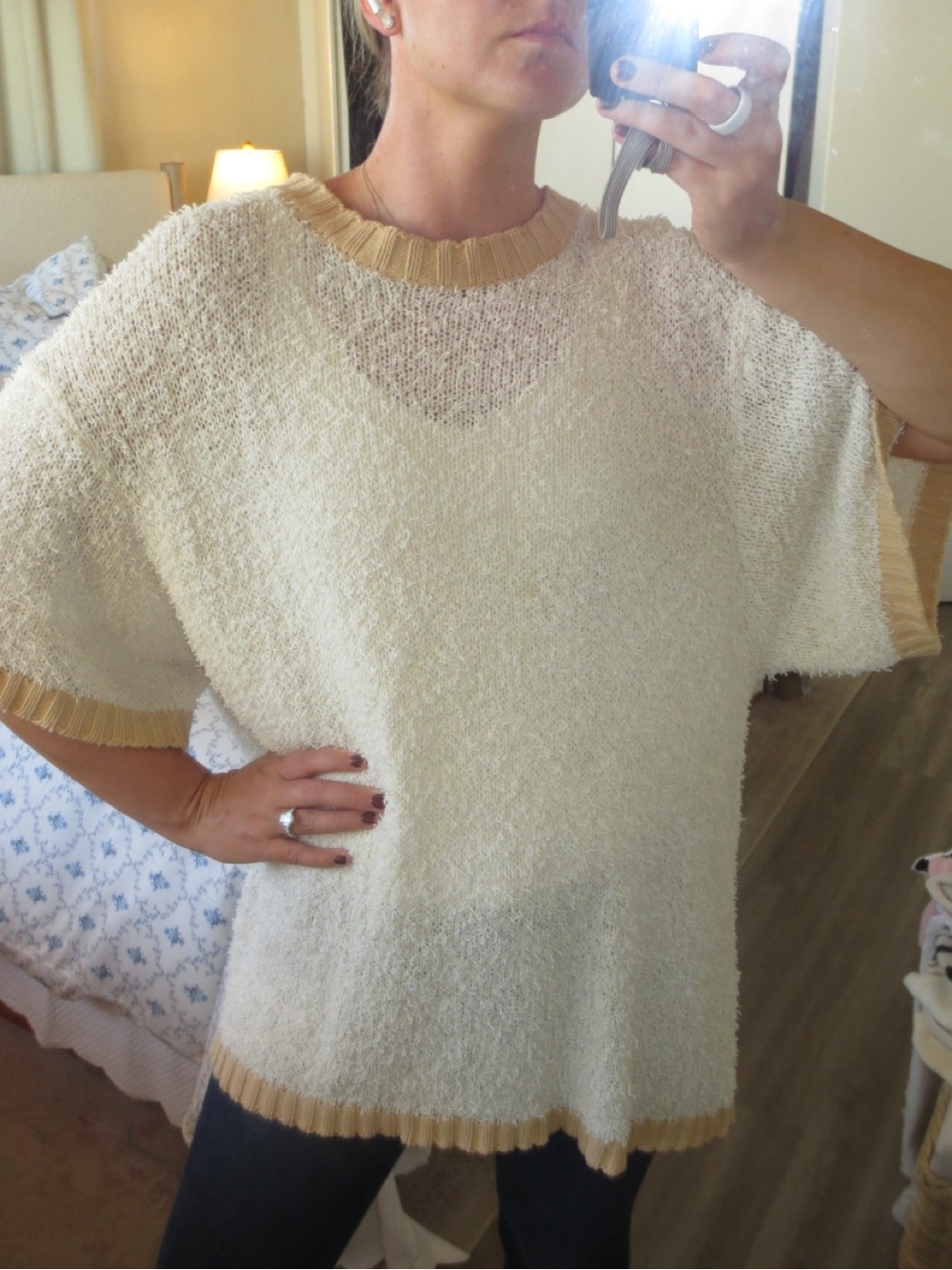 Sabo Skirt Short-Sleeve Knit Sweater with Rib Trim